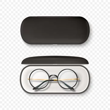 Vector 3D Realistic Black Frame Glasses and Black Case Set. Round Sunglasses and Illustrazione stock