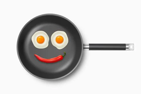 Vector 3d Realistic Black Frying Pan with Fried Edd, Omelet and Chili Pepper Stock Illustration