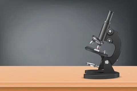Vector 3d Realistic Black Laboratory Microscope on the Wooden Table Against the Stockillustratie
