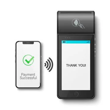 Vector 3D Realistic Black NFC Payment Terminal and Smartphone Closeup Stock Illustration