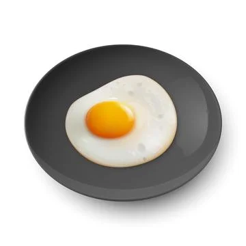 Vector 3d Realistic Black Plate, Dish with Fried Egg, Omelet Inside Isolated on Stock Illustration
