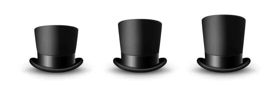 Vector 3d Realistic Black Top Hat Icon Set Closeup with Black Silk Ribbon Stock Illustration