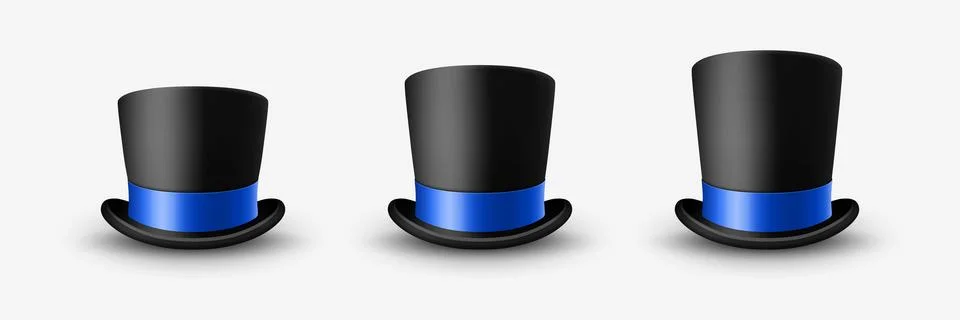 Vector 3d Realistic Black Top Hat Icon Set Closeup with Blue Ribbon Closeup Stock Illustration