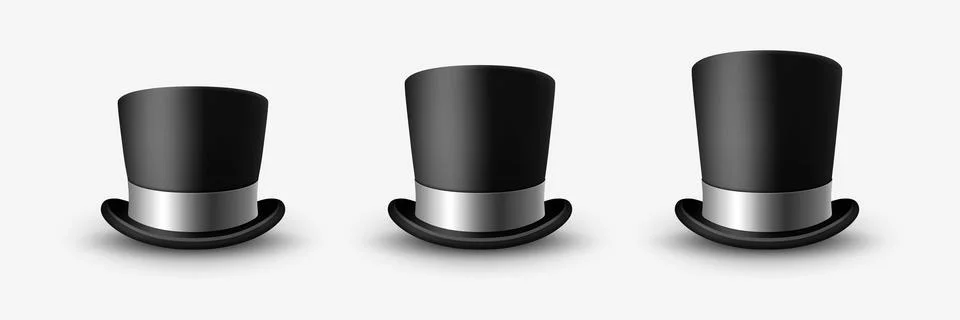 Vector 3d Realistic Black Top Hat Icon Set Closeup with Silver Ribbon Closeup Stock Illustration