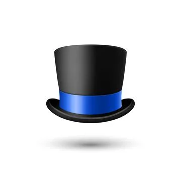 Vector 3d Realistic Black Top Hat Icon with Blue Ribbon Closeup Isolated Stock Illustration