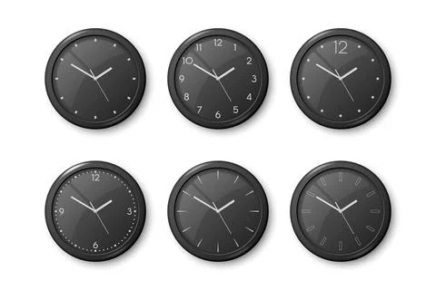 Vector 3d Realistic Black Wall Office Clock Icon Set Isolated on White. Black Stock Illustration