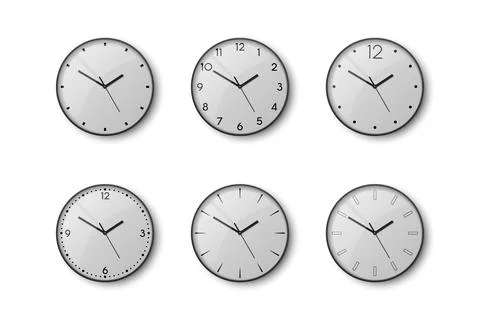Vector 3d Realistic Black Wall Office Clock Icon Set Isolated. White Dial Illustrazione stock