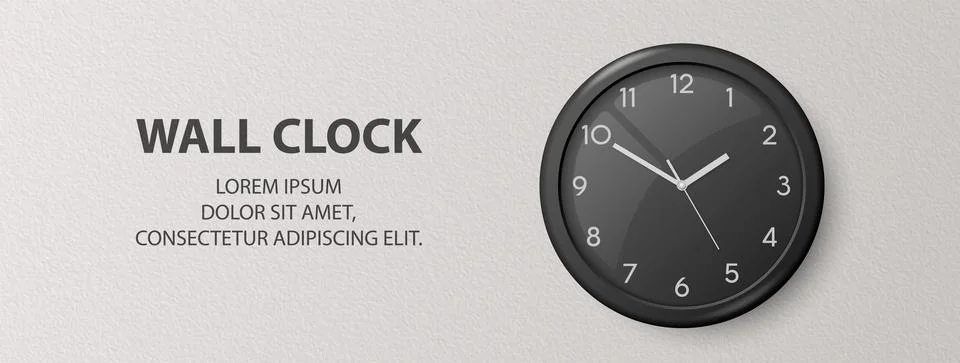 Vector 3d Realistic Black Wall Office Clock on Textured White Wall Background Illustrazione stock
