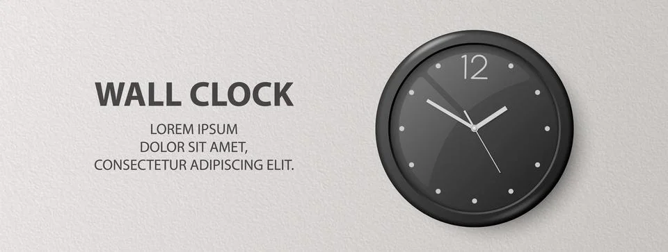 Vector 3d Realistic Black Wall Office Clock on Textured White Wall Background Stock Illustration