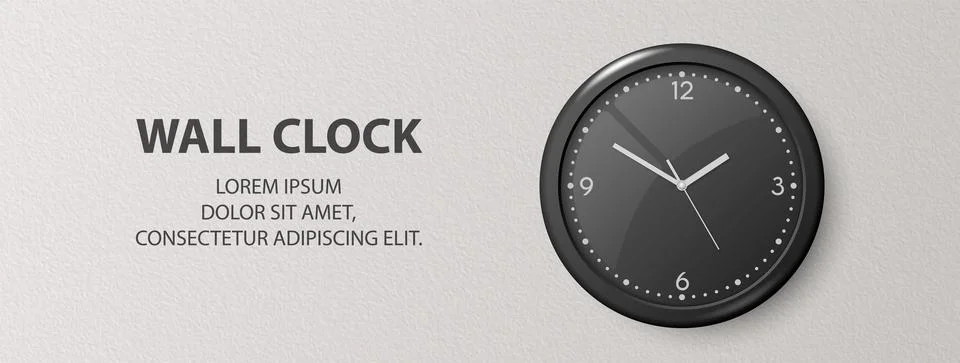 Vector 3d Realistic Black Wall Office Clock on Textured White Wall Background Illustrazione stock