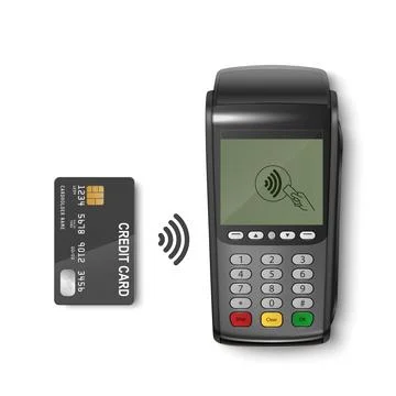 Vector 3d Realistic Black Wi-Fi Payment Machine and Credit Card. POS Terminal Stock Illustration