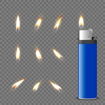 Vector 3d Realistic Blank Blue Gasoline Lighter and Burning Flame Icon Set Stock Illustration