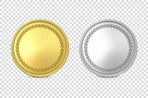 Vector 3d Realistic Blank Golden and Silver Metal Coin or Medal Icon Set Closeup Stock Illustration