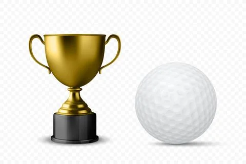 Vector 3d Realistic Blank Golden Champion Cup Icon with Golf Ball Set Closeup Stock Illustration