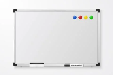 Vector 3d Realistic Blank Magnetic Whiteboard with Marker, Round Magnets and Stock Illustration