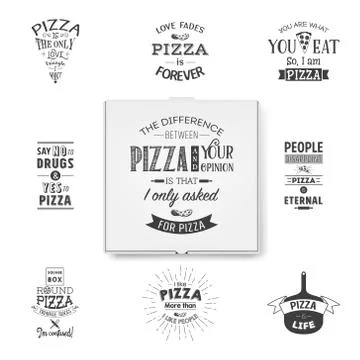 Vector 3d Realistic Blank White Pizza Box Template with Typographic Quotes Illustrazione stock
