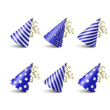 Vector 3d Realistic Blue and White Birthday Party Hat Icon Set Isolated on White Stock Illustration