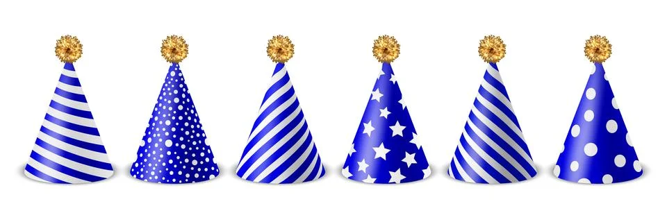 Vector 3d Realistic Blue and White Birthday Party Hat Icon Set Isolated on White Stock Illustration