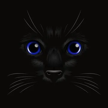 Vector 3d Realistic Blue Cats Eye of a Black Cat in the Dark, at Night. Cat Face Stock Illustration