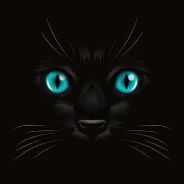 Vector 3d Realistic Blue Cats Eye of a Black Cat in the Dark, at Night. Cat Face Stock-Illustration
