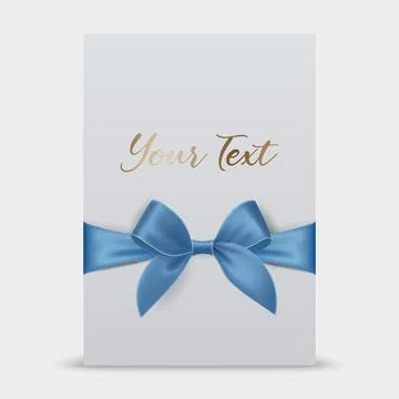 Vector 3d Realistic Blue Gift Ribbon and Bow with White Greeting Card Background Stock Illustration