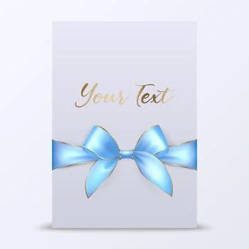 Vector 3d Realistic Blue Gift Ribbon and Bow with White Greeting Card Background Stock Illustration
