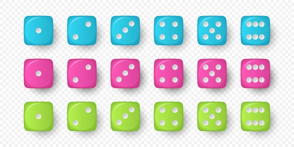 Vector 3d Realistic Blue, Pink and Green Game Dice Icon Set Closeup Isolated on 스톡 일러스트