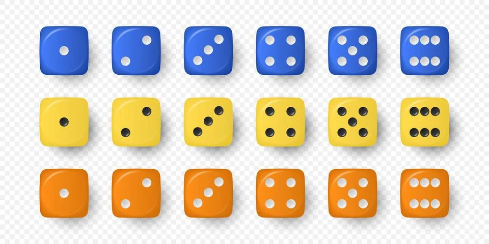 Vector 3d Realistic Blue, Yellow and Orange Game Dice Icon Set Closeup Isolated 스톡 일러스트