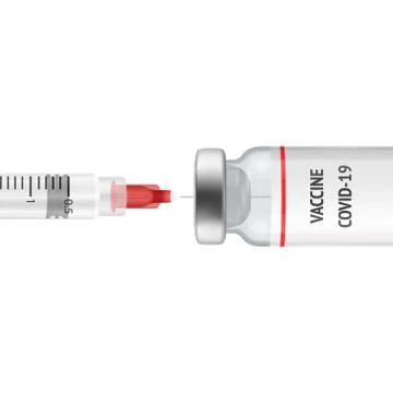 Vector 3d Realistic Bottle and Syringe. COVID-19 Coronavirus Vaccine. Closeup Stock Illustration