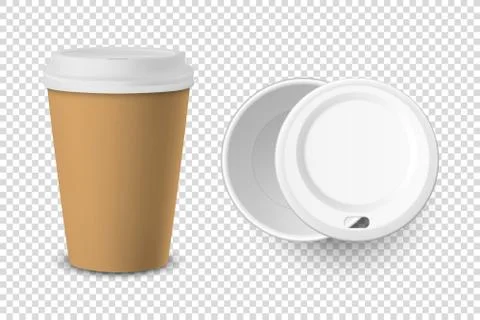Vector 3d Realistic Brown Disposable Closed and Opened Paper, Plastic Coffee Cup 스톡 일러스트