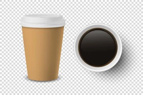 Vector 3d Realistic Brown Disposable Closed and Opened Paper, Plastic Coffee Cup 스톡 일러스트