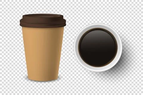 Vector 3d Realistic Brown Disposable Closed and Opened Paper, Plastic Coffee Cup Illustrazione stock