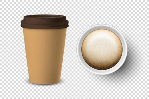 Vector 3d Realistic Brown Disposable Closed and Opened Paper, Plastic Coffee Cup 스톡 일러스트