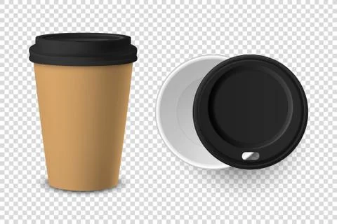 Vector 3d Realistic Brown Disposable Closed and Opened Paper, Plastic Coffee Cup Stock Illustration