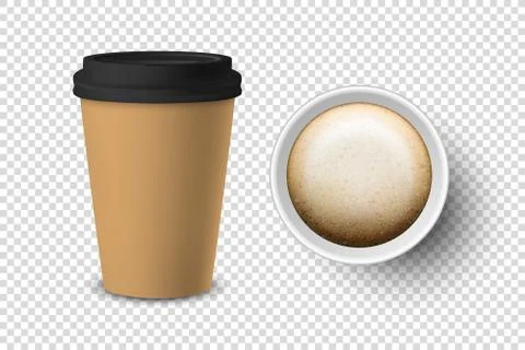 Vector 3d Realistic Brown Disposable Closed and Opened Paper, Plastic Coffee Cup 스톡 일러스트