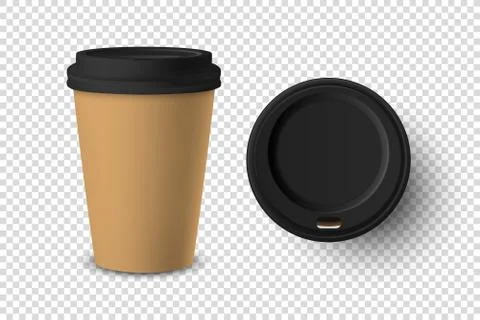 Vector 3d Realistic Brown Disposable Closed and Opened Paper, Plastic Coffee Cup Stock Illustration