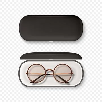 Vector 3D Realistic Brown Frame Glasses and Black Case Set. Round Sunglasses and Illustrazione stock