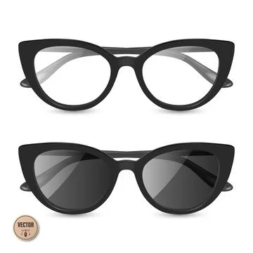 Vector 3d Realistic Cat Eye Glasses and Sunglasses. Black Eyeglasses Frame... Stock Illustration