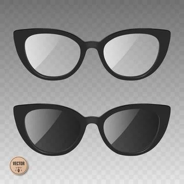 Vector 3d Realistic Cat Eye Glasses and Sunglasses. Black Eyeglasses Frame... Stock Illustration