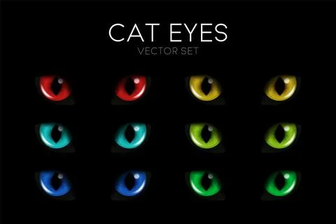 Vector 3d Realistic Cat s Eye of a Black Cat. Red, Yellow, Blue, Green Cat Eyes Stock Illustration
