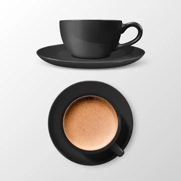 Vector 3d Realistic Ceramic Black Coffee Mug, Cup with Saucer Isolated on White Stock Illustration