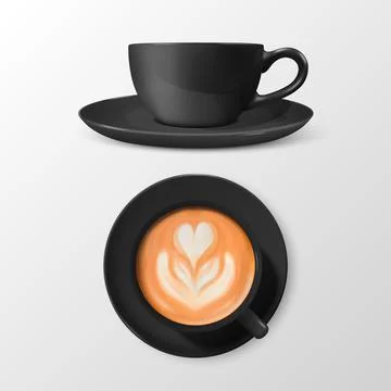 Vector 3d Realistic Ceramic Black Coffee Mug, Cup with Saucer Isolated on White Stockillustratie