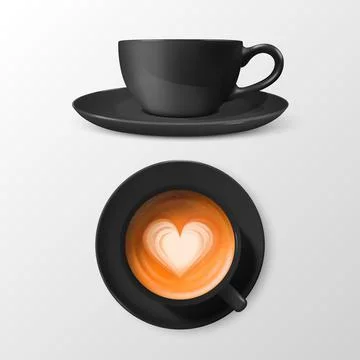 Vector 3d Realistic Ceramic Black Coffee Mug, Cup with Saucer Isolated on White Stockillustratie