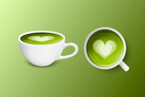 Vector 3d Realistic Ceramic Porcelain White Coffee Mug, Cup Isolated on Green Stock Illustration