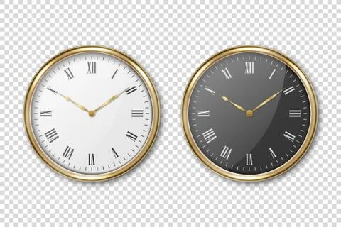 Vector 3d Realistic Classic Metal Golden Wall Office Clock Icon Set Closeup Stock Illustration