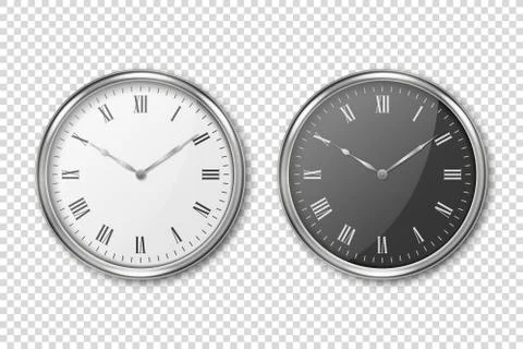 Vector 3d Realistic Classic Metal Silver Wall Office Clock Icon Set Closeup Stock Illustration