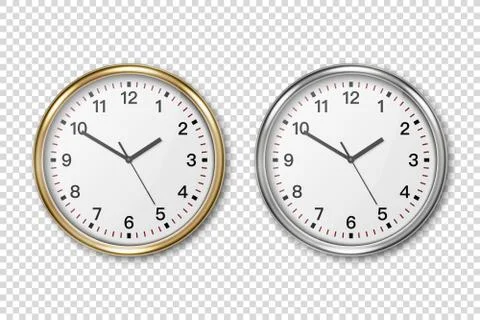 Vector 3d Realistic Classic Metal Silver Wall Office Clock Icon Set Closeup 스톡 일러스트