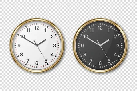 Vector 3d Realistic Classic Metal Golden Wall Office Clock Icon Set Closeup Stock Illustration