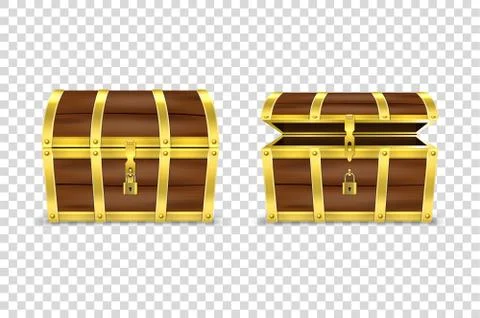 Vector 3d Realistic Closed and Opened Retro Vintage Antique Old Treasure Wooden Stock Illustration