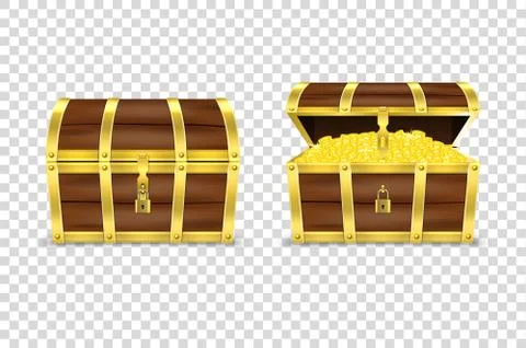 Vector 3d Realistic Closed and Opened Retro Vintage Antique Old Treasure Wooden Stock Illustration